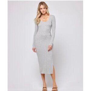 New L*Space Eloise Ribbed Scoop-Neck L/S Side-Slit Heather Grey Dress NWT Medium